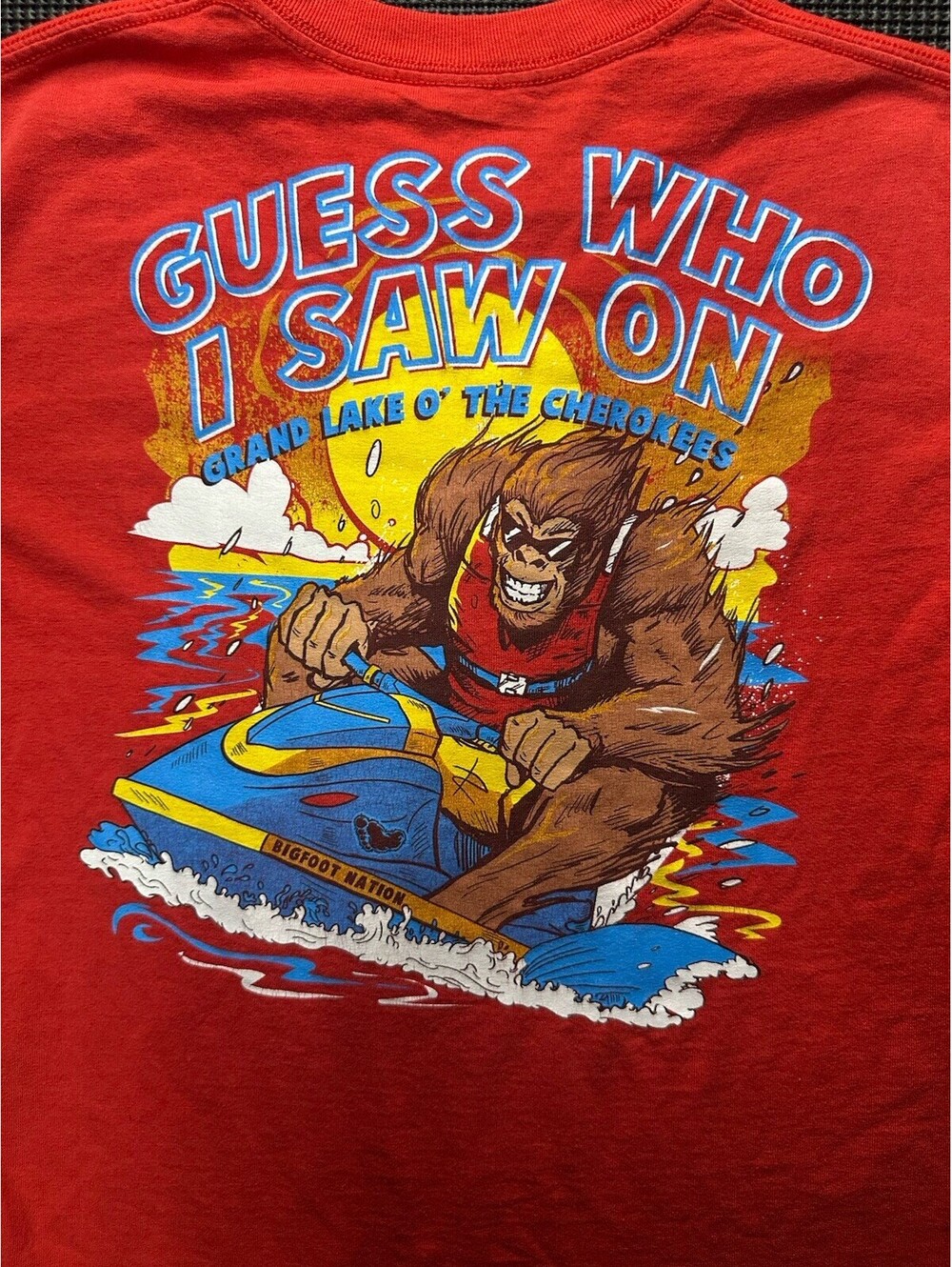 Bigfoot Jet Ski Graphic T Shirt Grand Lake Oklahoma Red Novelty T Sasquatch S